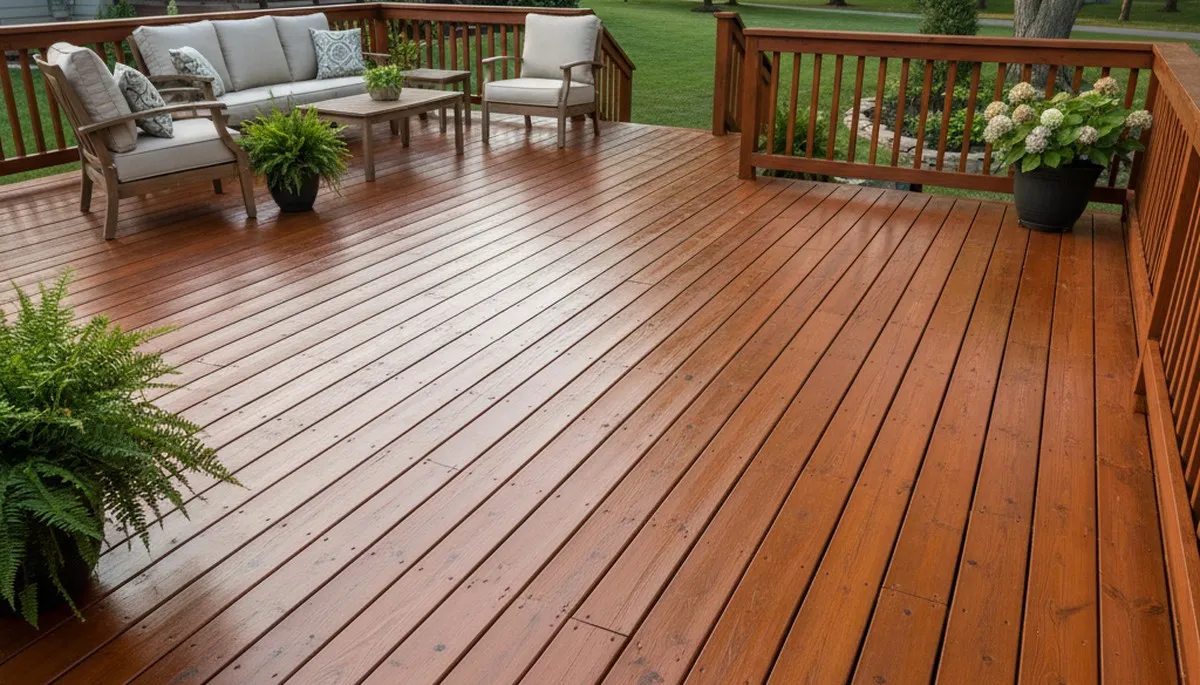 Finished deck staining showcasing rich wood finish and weather protection in Overland Park, KS