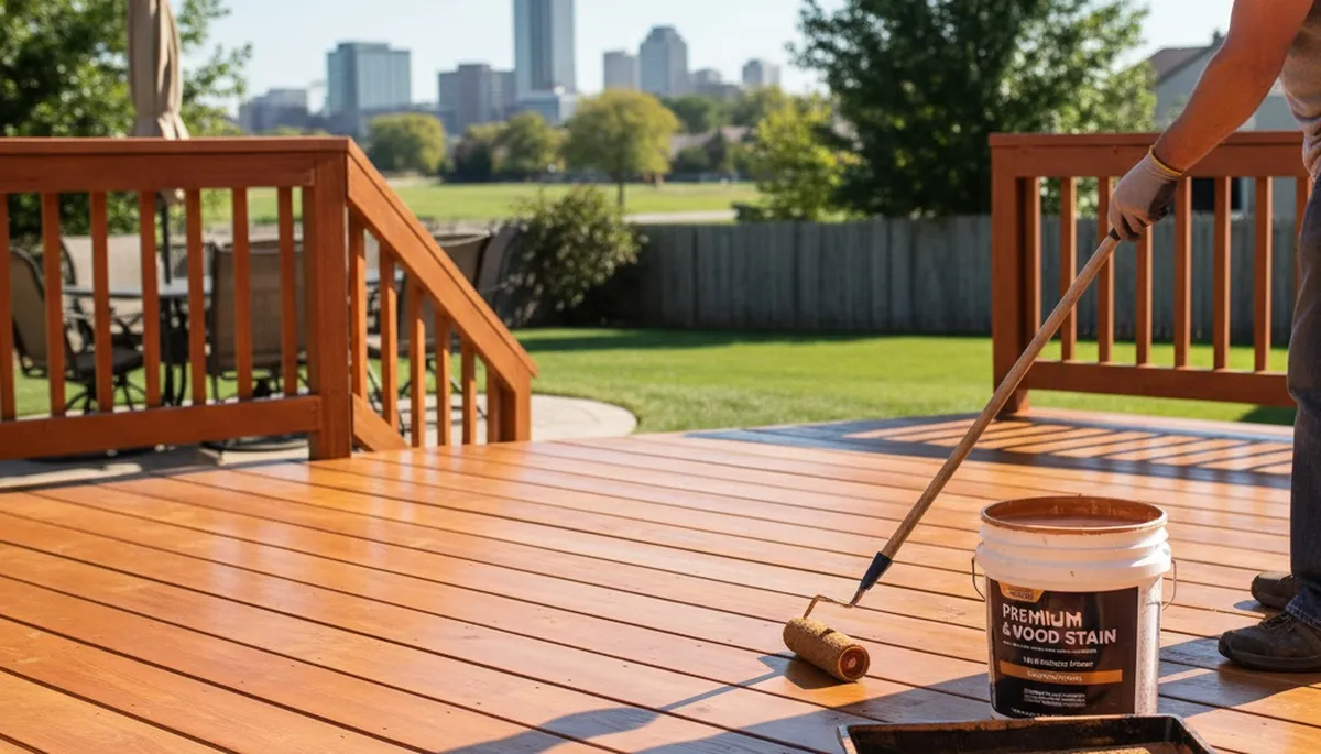 Professional deck staining in Overland Park KS enhancing wood color and protecting against sun and moisture
