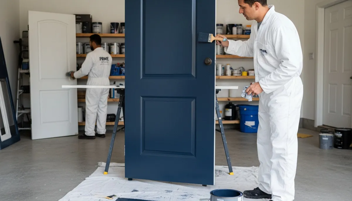 Professional painter refinishing front door in Overland Park KS for expert residential painting service