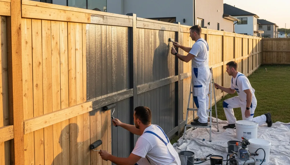 Professional fence painters staining wood fence in Overland Park, KS for long-lasting curb appeal