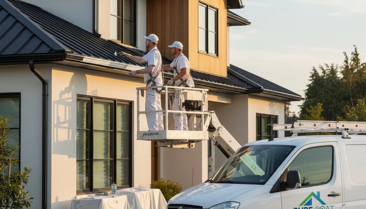 Professional gutter painting on a suburban home in Overland Park, KS by expert house painters
