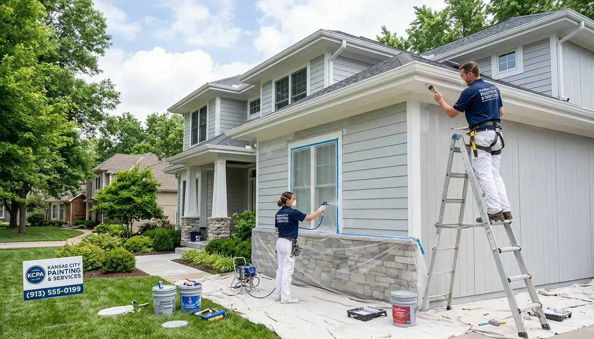 Professional house painters working on interior walls in Overland Park, KS home