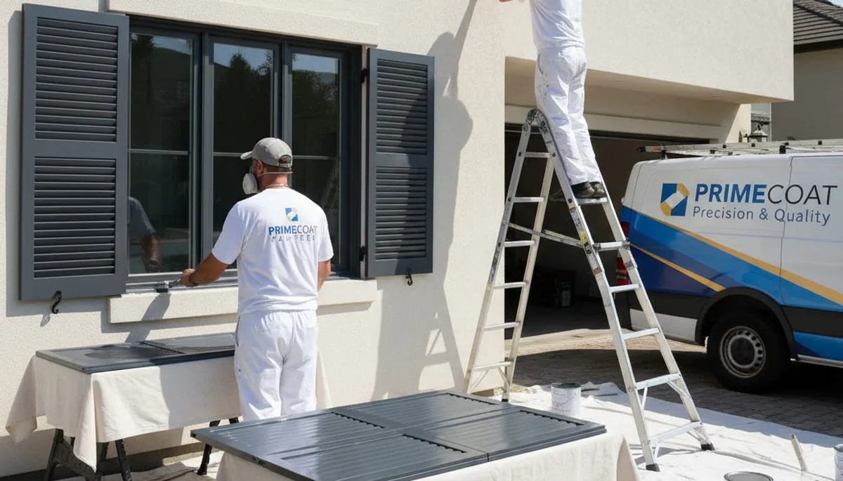 Professional painters refinishing exterior shutters in Overland Park, KS for lasting color and weather protection