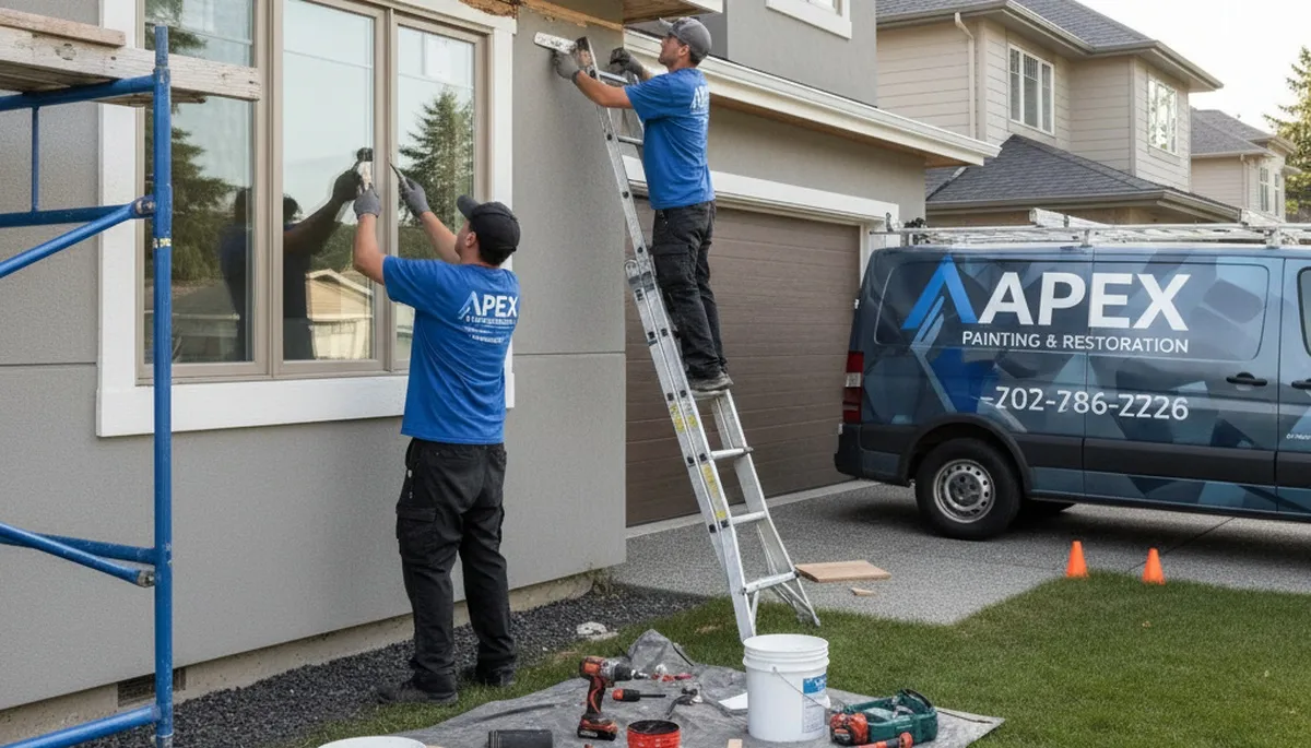 Technician repairing exterior wood rot on home siding in Overland Park KS for professional restoration